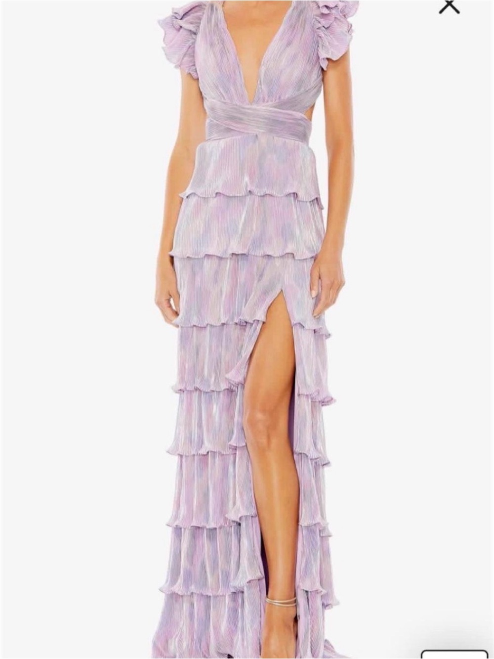 Mac Duggal Iridescent Lavender Tiered Ruffle V-Neck Maxi Dress with Slit